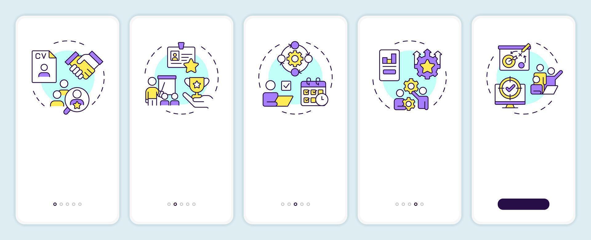 HR process onboarding mobile app screen. Management. Walkthrough 5 steps editable graphic instructions with linear concepts. UI, UX, GUI template vector