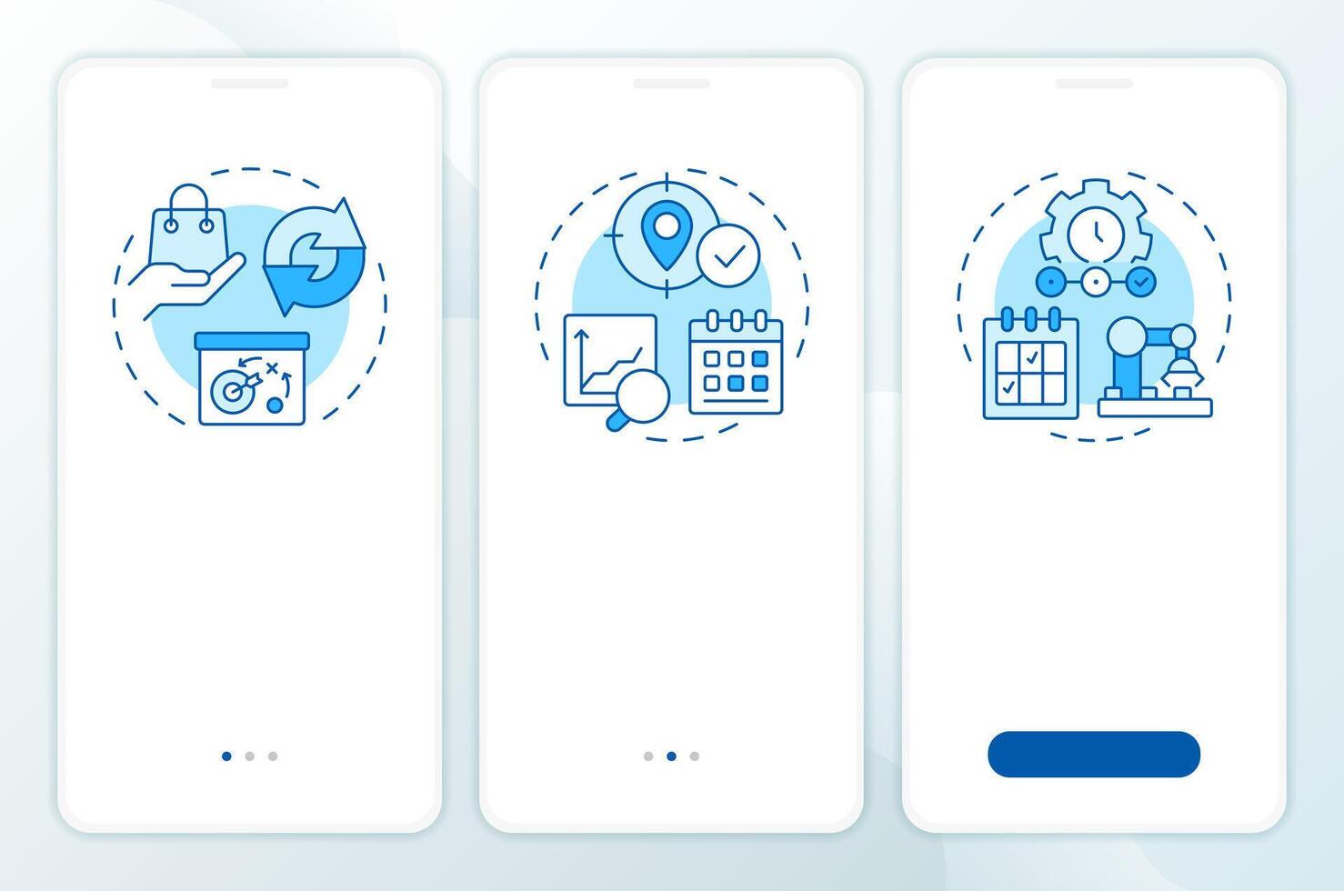 SAP consumption based planning blue onboarding mobile app screen. Walkthrough 3 steps editable graphic instructions with linear concepts. UI, UX, GUI template vector