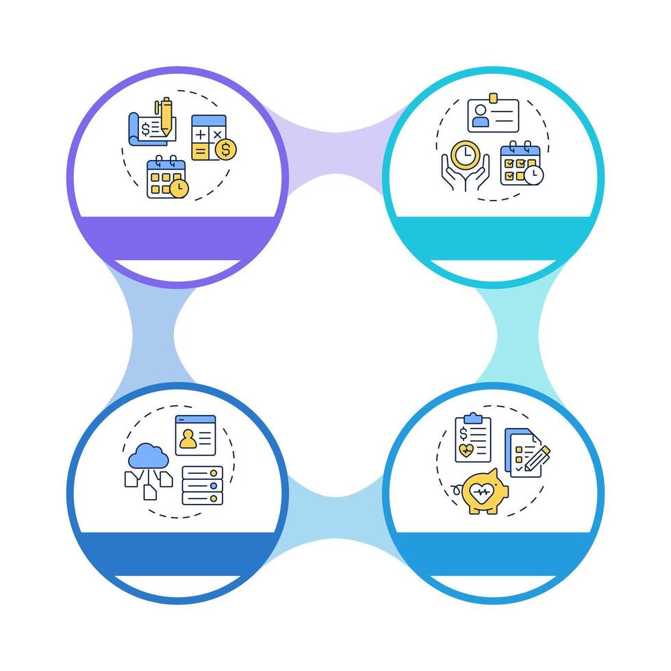 HRIS infographic circles flowchart. Human resource information system. Employees work for company. Visualization diagram with 4 steps. Circular info graphic editable vector