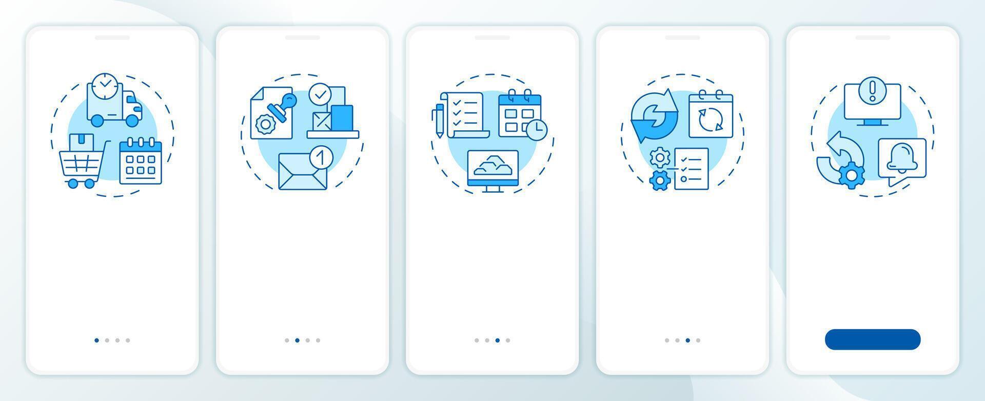 MRP outputs blue onboarding mobile app screen. Manufacturing. Walkthrough 5 steps editable graphic instructions with linear concepts. UI, UX, GUI template vector