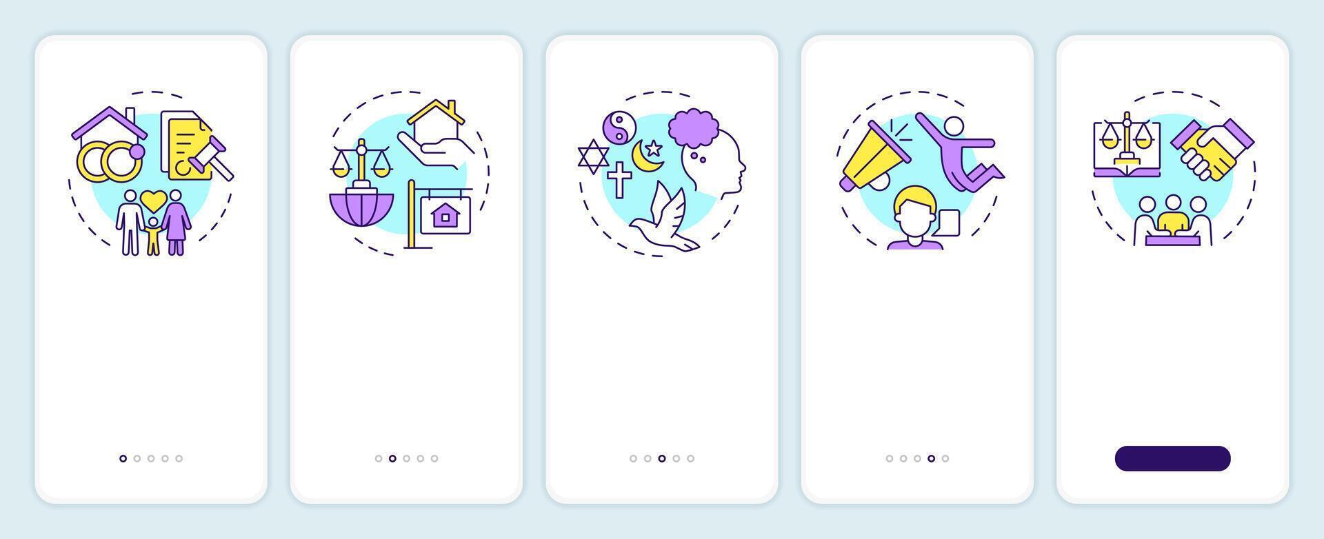 Social rights freedom onboarding mobile app screen. Walkthrough 5 steps editable graphic instructions with linear concepts. UI, UX, GUI template vector
