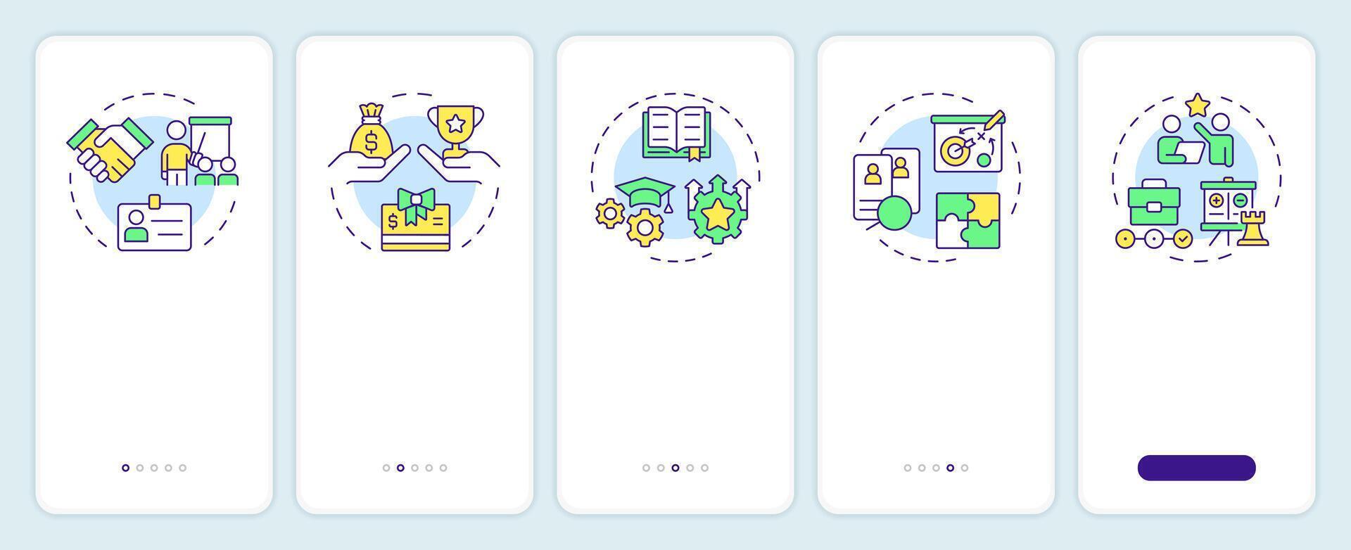 hrs inducción móvil aplicación pantalla. hora administración sistema. recorrido 5 5 pasos editable gráfico instrucciones con lineal conceptos. ui, ux, gui modelo vector