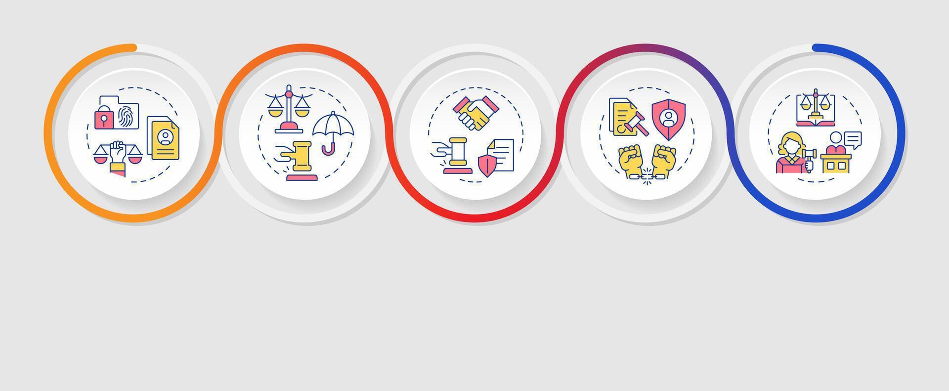 Law rights protection infographics circles sequence. Personal information, documentation. Visualization layout with 5 steps. Info chart loop process presentation vector