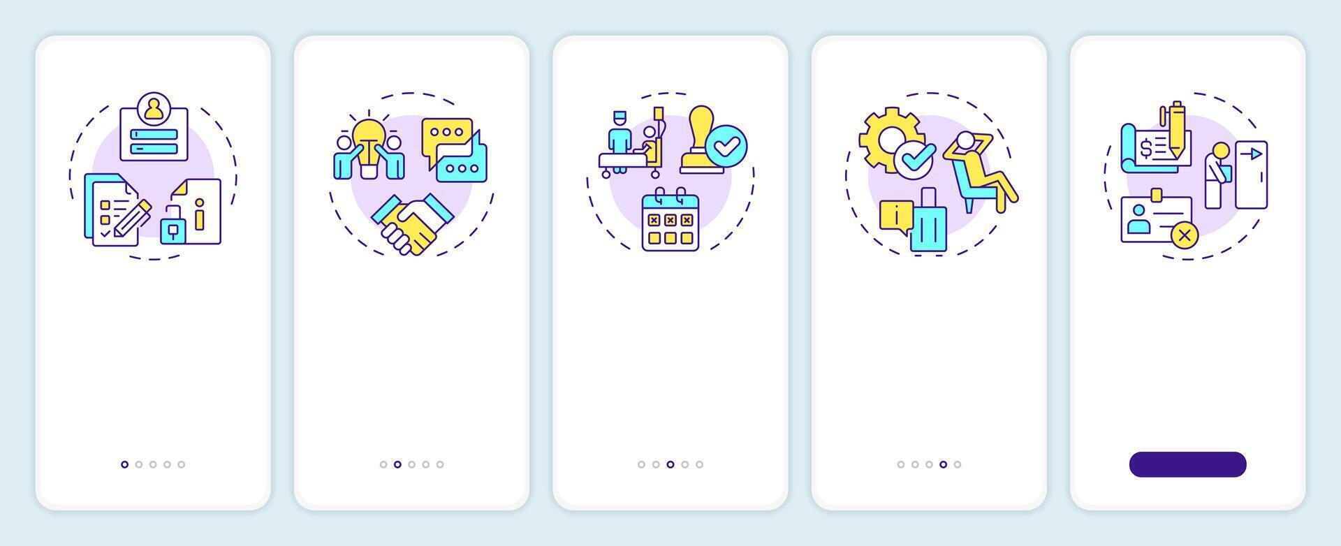 Operational HR onboarding mobile app screen. Human resource. Walkthrough 5 steps editable graphic instructions with linear concepts. UI, UX, GUI template vector