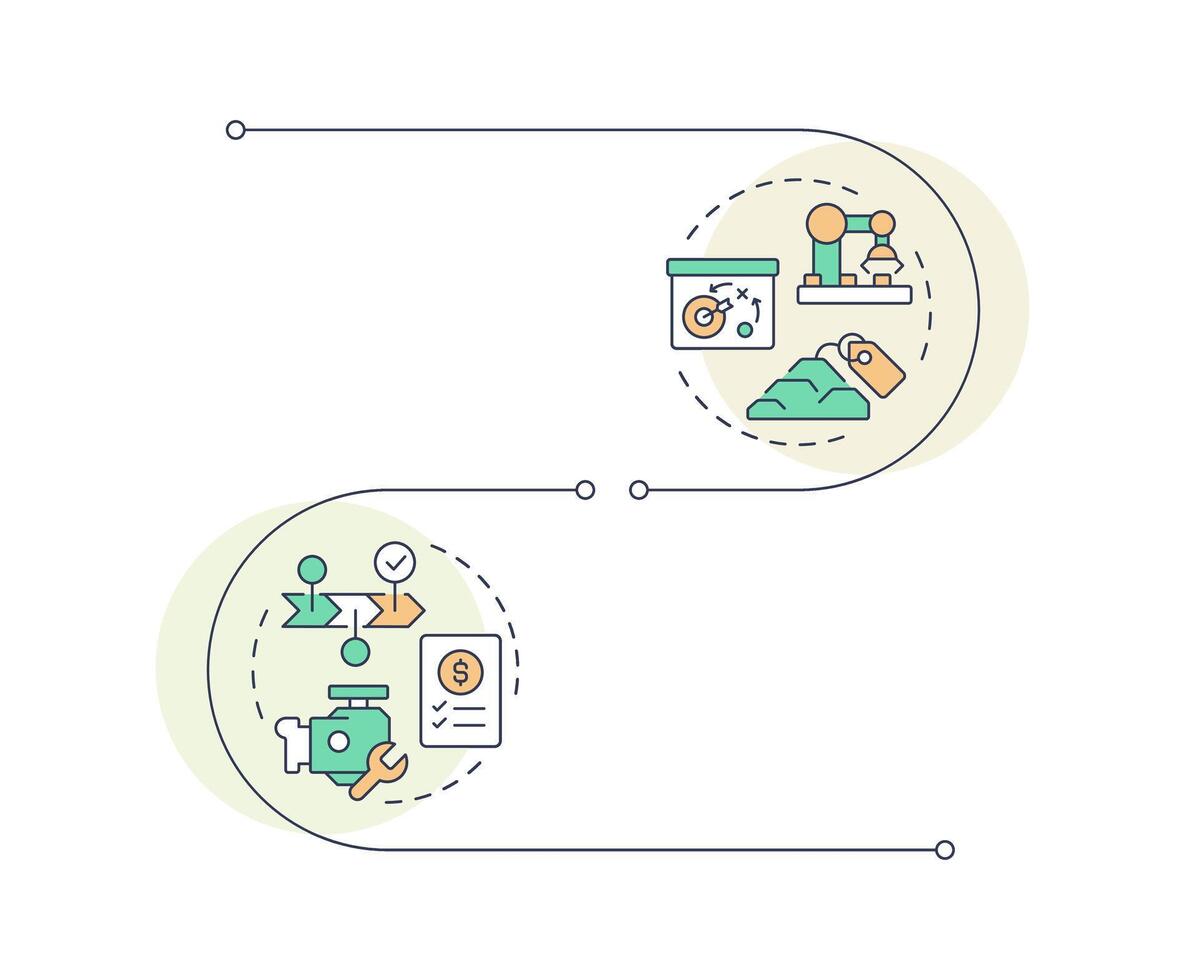MRP infographic vertical sequence. Manufacture technology improvement. Industrial inventory. Visualization infochart with 2 steps. Circles workflow vector