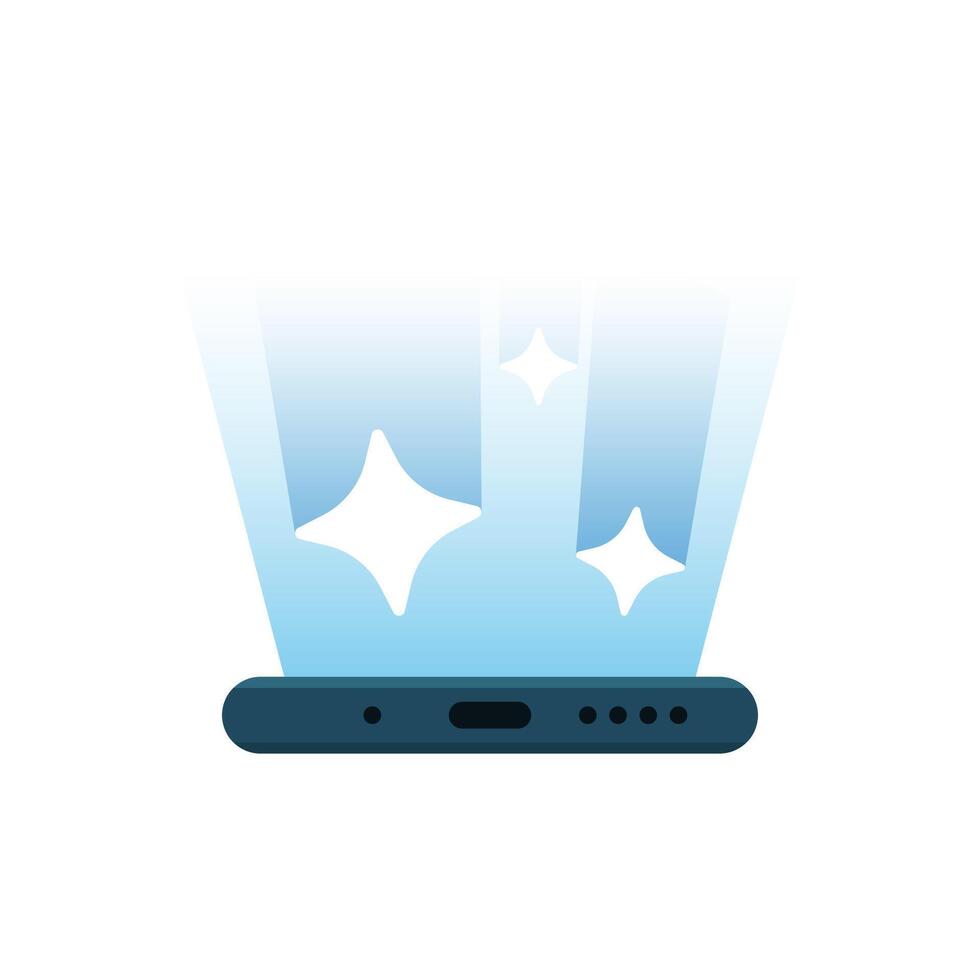 Flat illustration of a smartphone screen emitting bright rays with sparkle icons. new feature or update in a mobile application. for app promotions, update announcements, and tech related designs vector