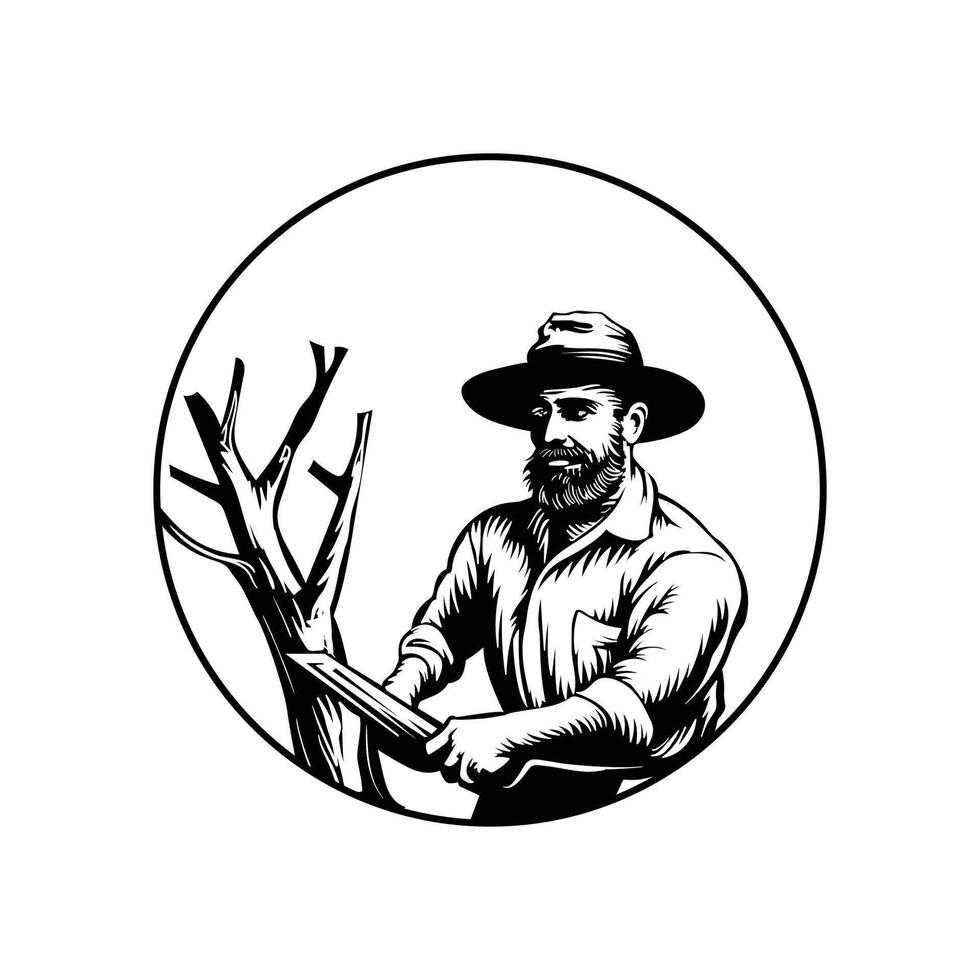 man cutting tree silhouette black and white illustration vector