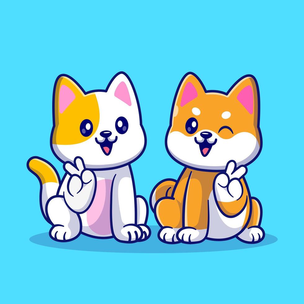 Cute Cat And Cute Shiba Inu Dog Sitting With Peace Hand Cartoon vector