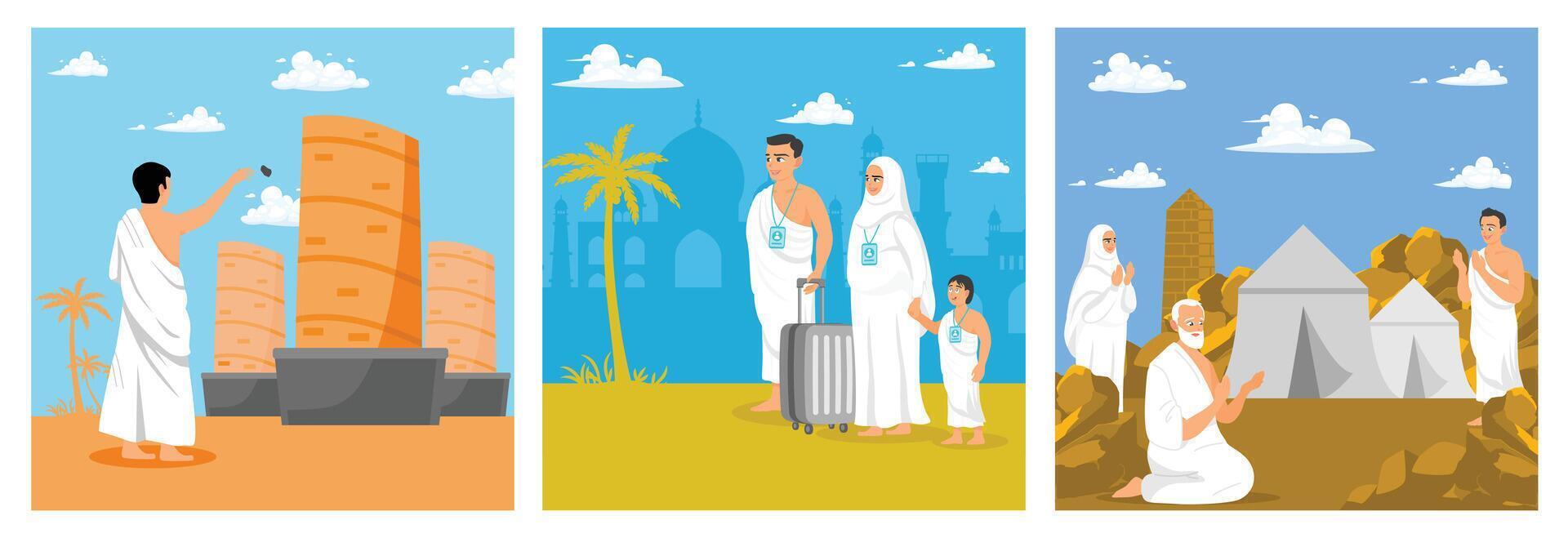 Illustration depicting pilgrimage rituals and activities in Islam. vector