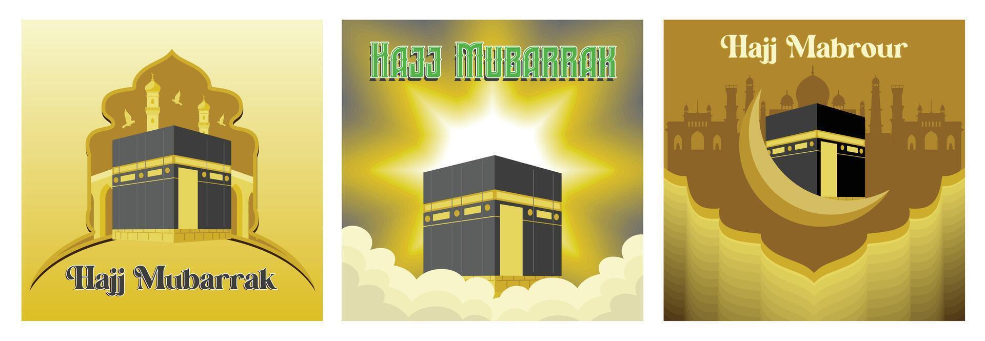 Hajj Mubarak and Mabroor kaaba designs celebrating Islamic pilgrimage. vector
