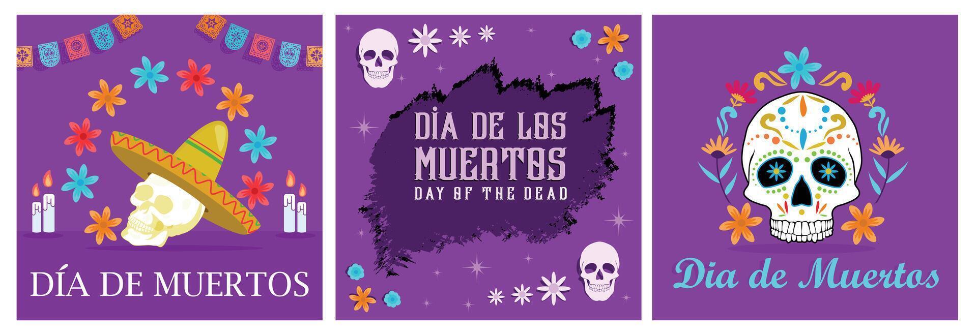 Skull heads and flowers on a purple background to commemorate the day of the dead in Mexico. vector