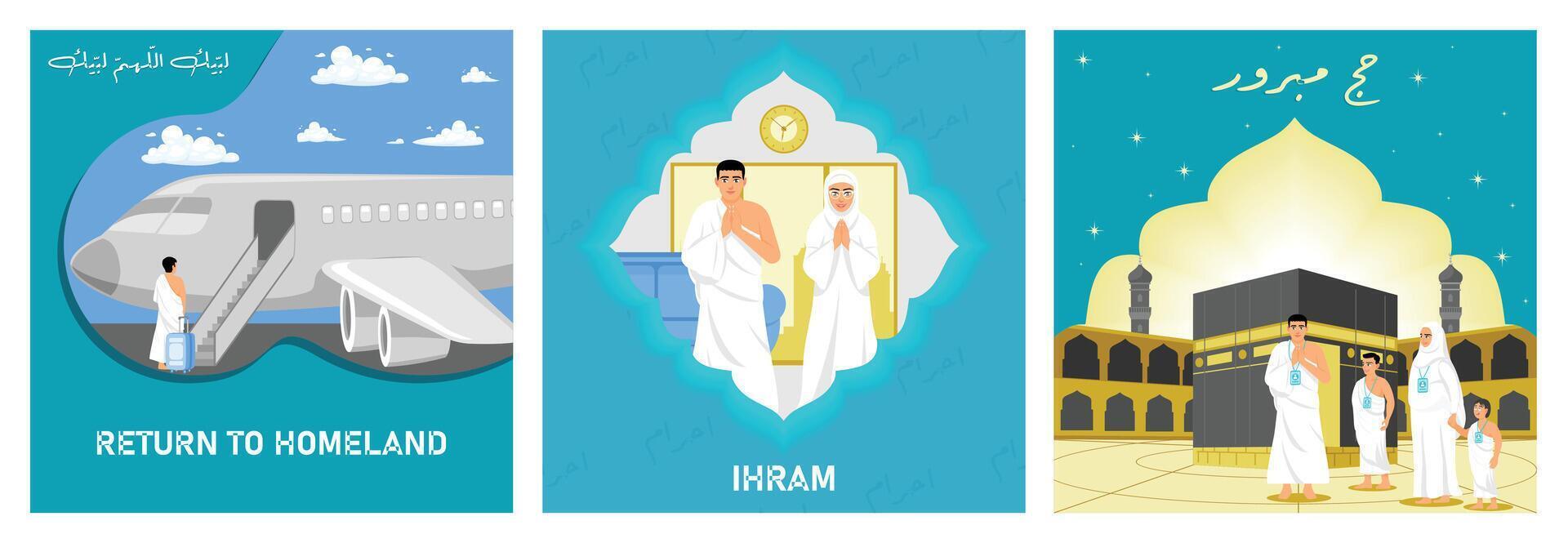 Religious pilgrimage journey including ihram and sacred sites in detailed illustrations. vector