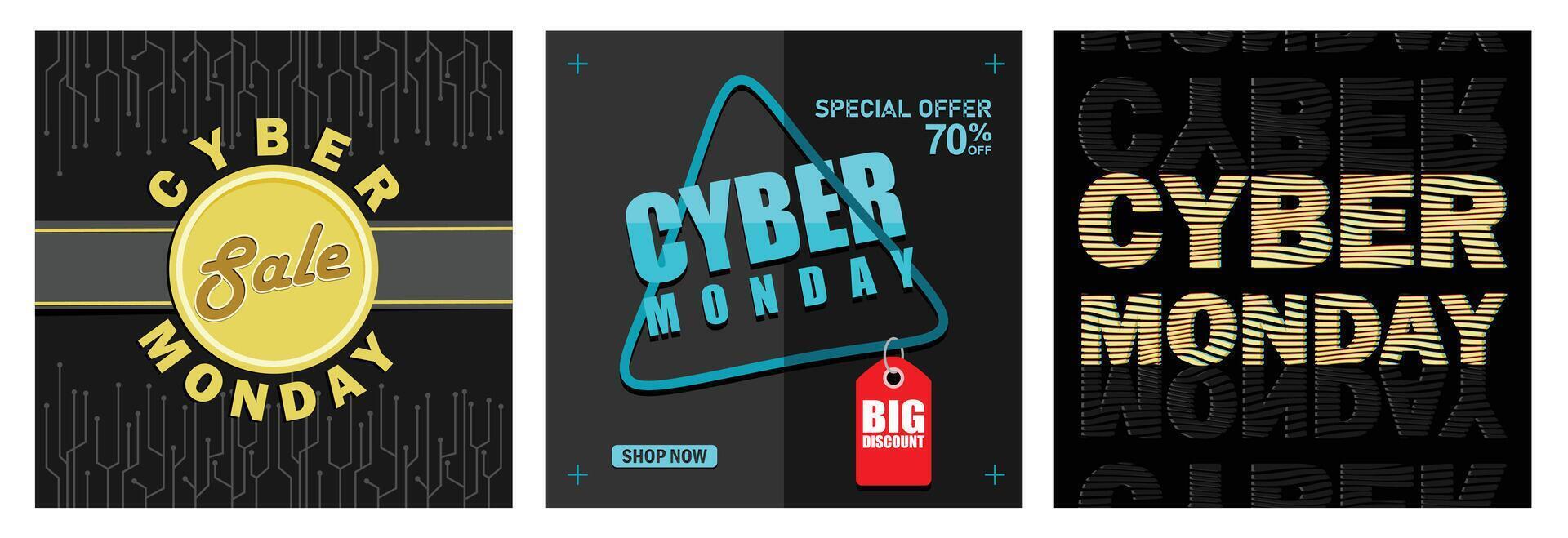 Cyber Monday promotional designs with circuit patterns and discount highlights. vector