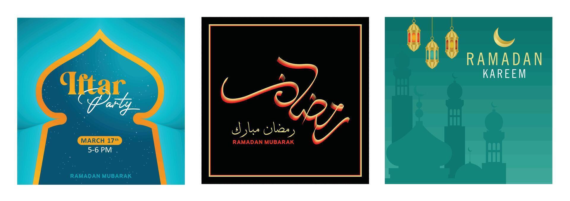 Beautiful Ramadan-themed graphics featuring iftar, greetings, and lantern decorations. vector