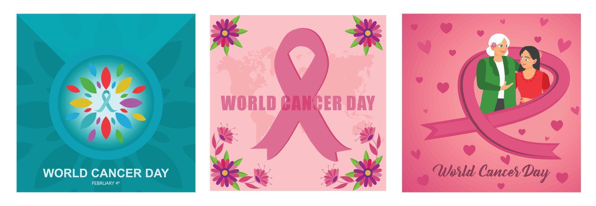 World Cancer Day inspirational designs with pink ribbons and supporting themes. vector