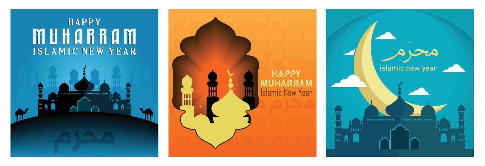 Elegant Islamic New Year designs celebrating Muharram with crescent moons and mosques. vector