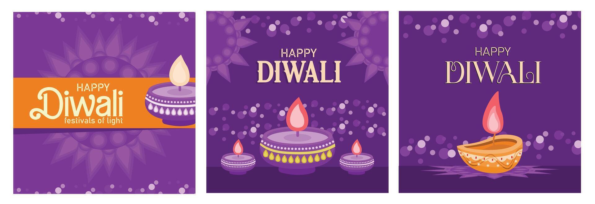 Colorful Diwali poster designs featuring traditional diyas and festive decorations. vector