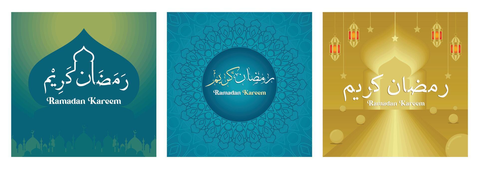 Elegant Ramadan Kareem designs featuring Islamic motifs and lantern decorations. vector