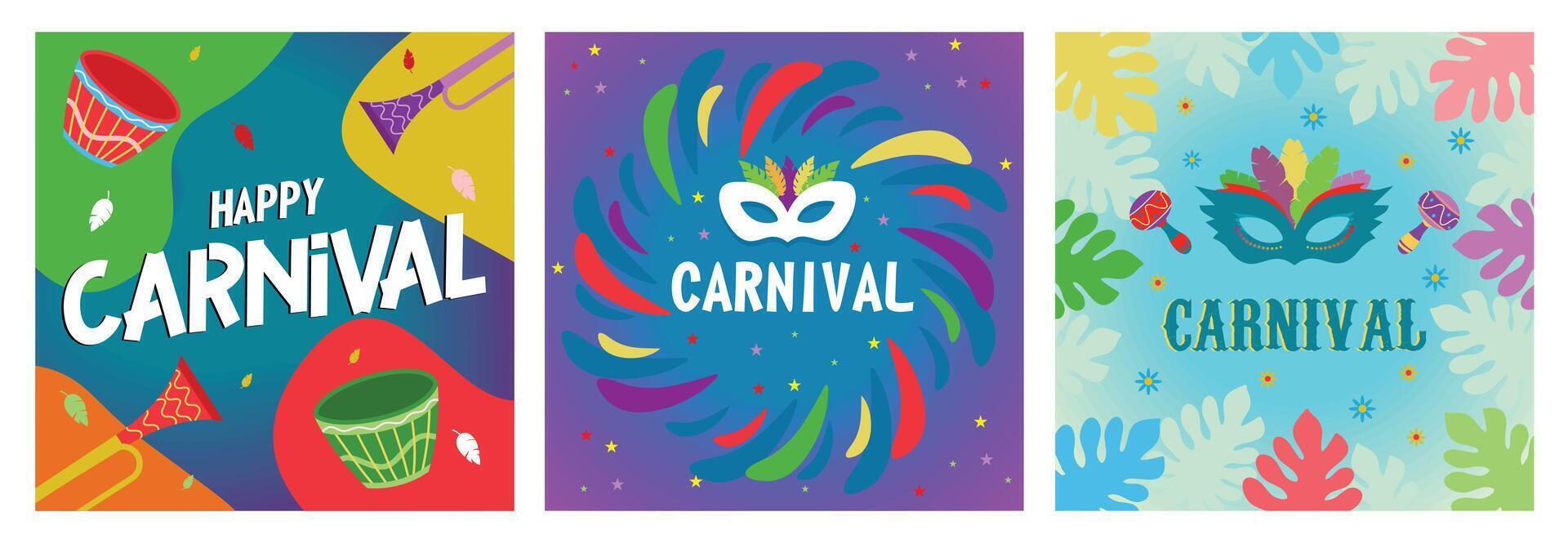 Colorful carnival posters with masks, drums, and decor against vibrant backgrounds. vector