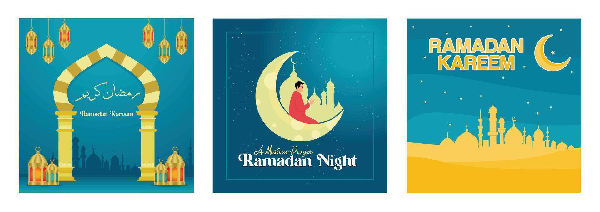 Set of Ramadan Kareem and night celebration designs with lanterns and mosques. vector