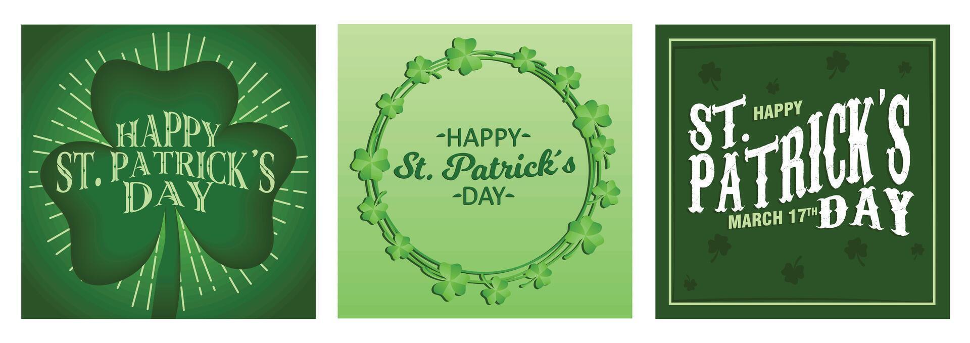 Green St. Patrick's Day designs featuring shamrocks and festive typography. vector