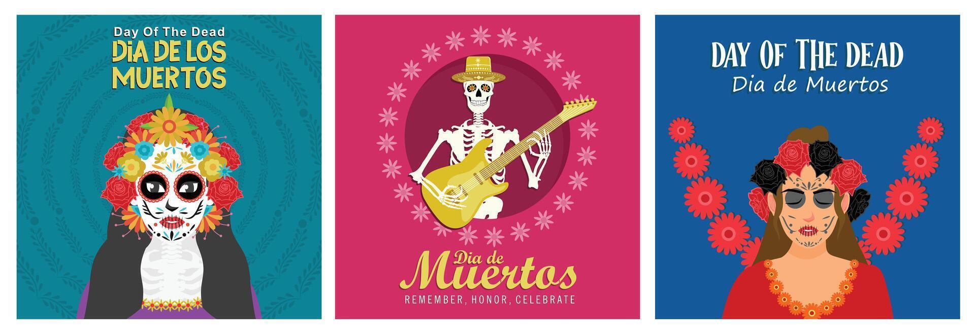 Day of the dead Dia de los Muertos.Human skull wearing sombrero hat and playing guitar. vector