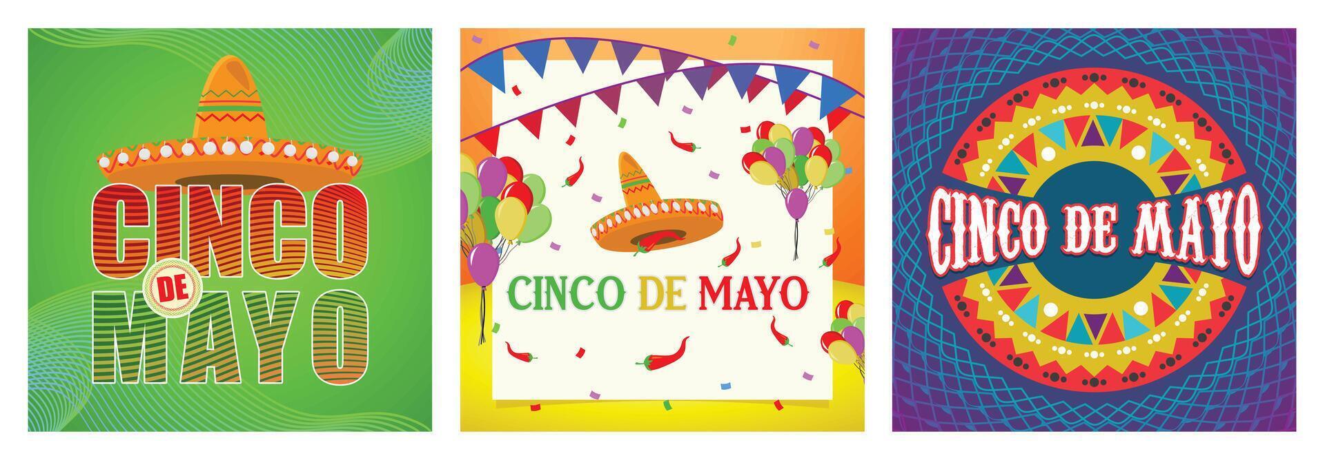 Colorful Cinco de Mayo celebration posters with festive decorations. vector