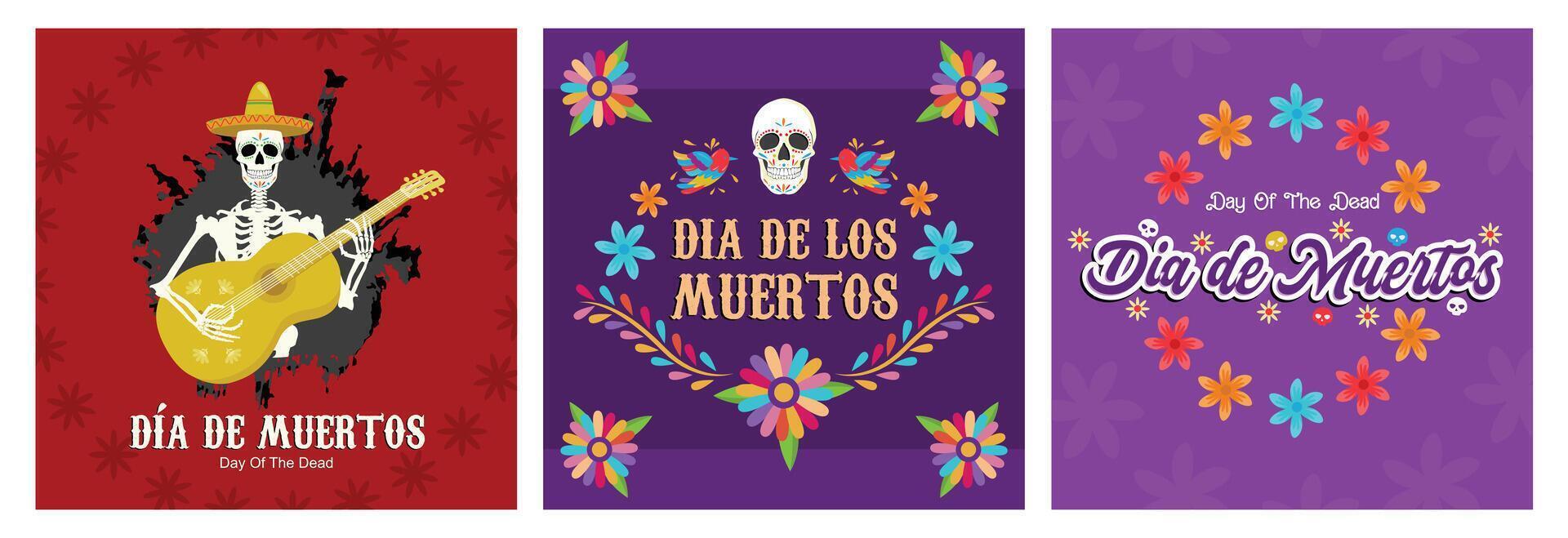 Commemorating the day of the dead with a human skull on a purple background with colorful flowers. vector