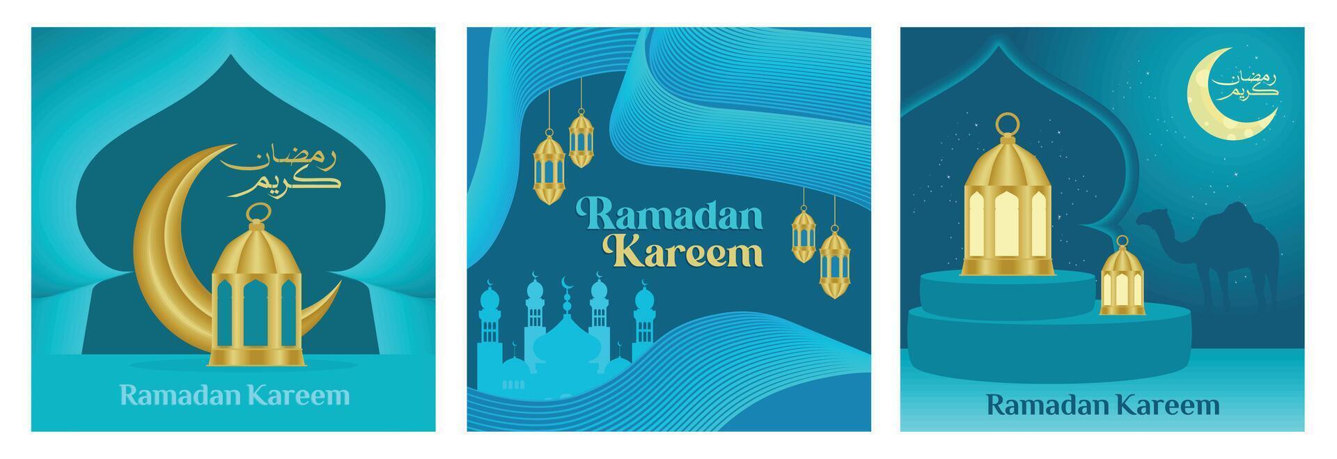 Elegant Ramadan Kareem background featuring gold lanterns and crescent moon. vector
