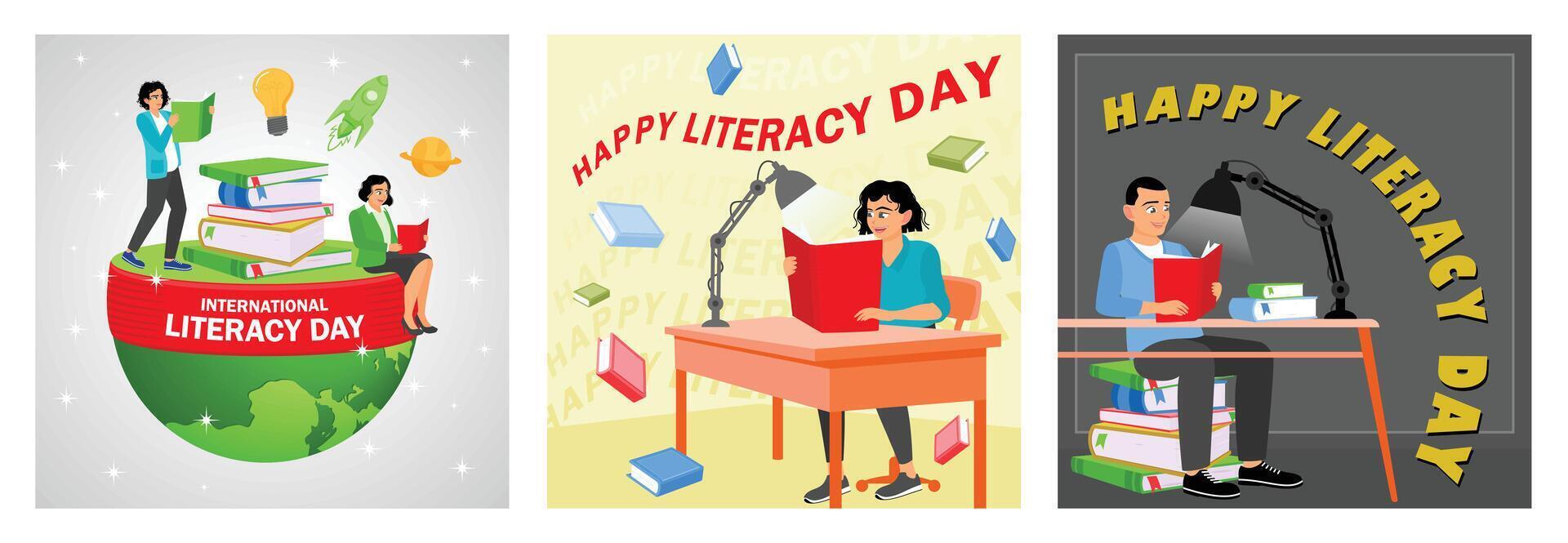 International Literacy Day celebrations with reading themes and motivational imagery. vector