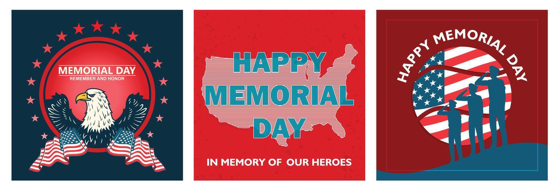 Set of Memorial Day designs celebrating heroes and patriotism in American style. vector