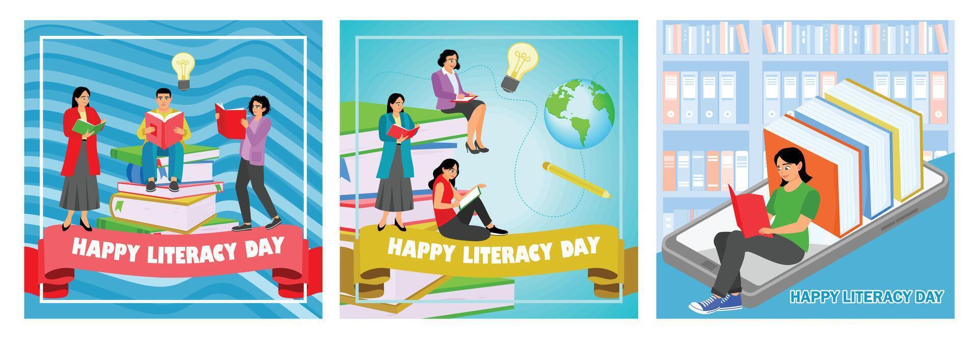 Celebration of International Literacy Day with books, learning, and education. vector