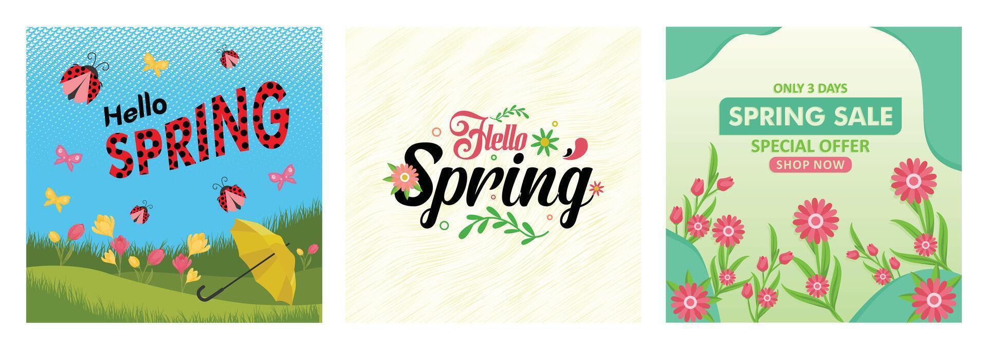 Spring-themed illustrations featuring nature, flowers, and seasonal elements. vector