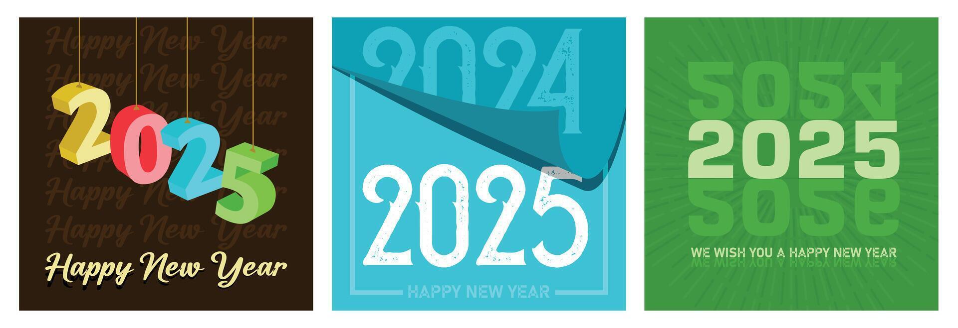 Vibrant New Year 2025 designs in various colorful styles. vector