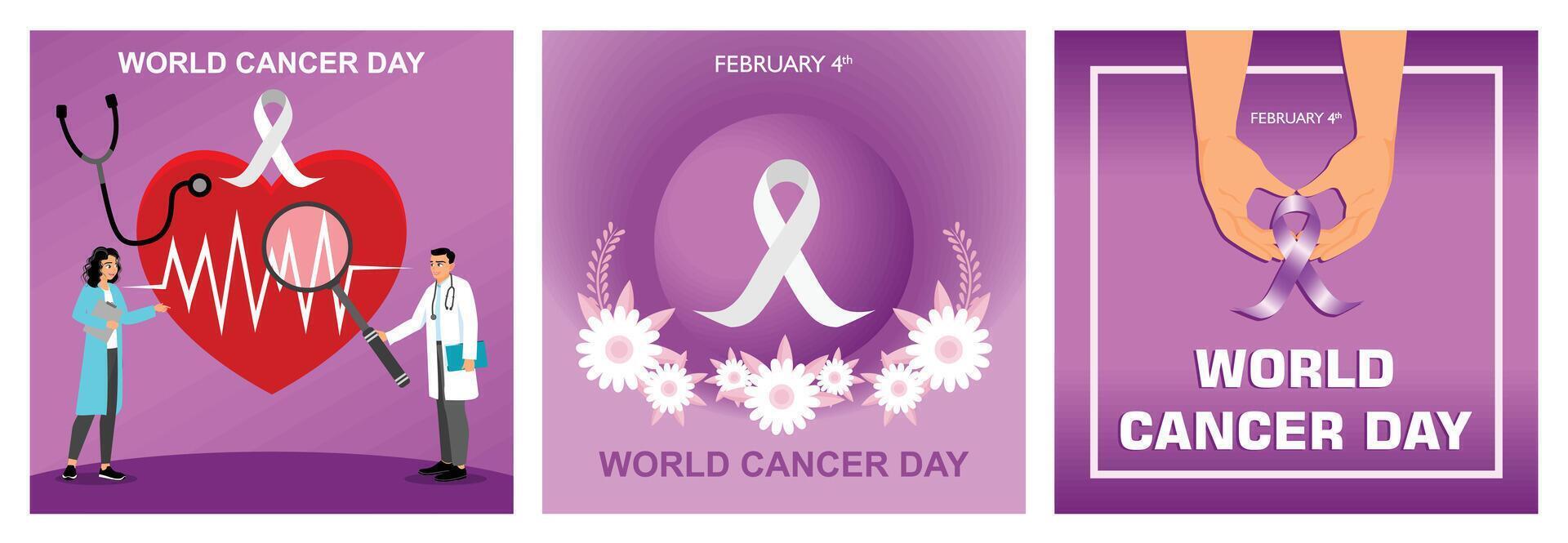 World Cancer Day awareness set featuring purple ribbon and healthcare symbols. vector