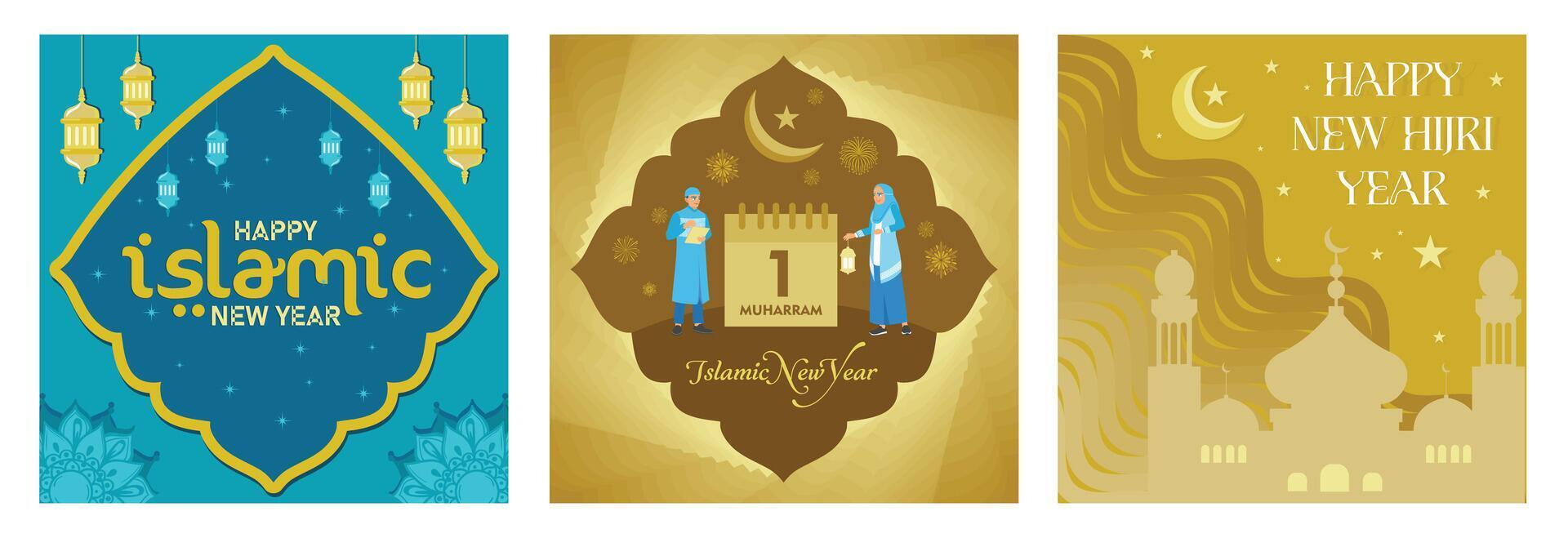 Islamic New Year celebration with lanterns, calendar, and mosque illustration. vector