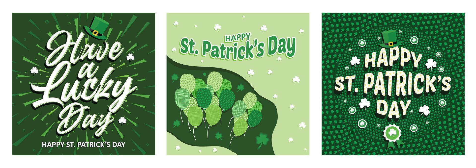 Colorful St. Patrick's Day greeting illustrations featuring festive elements and green themes. vector