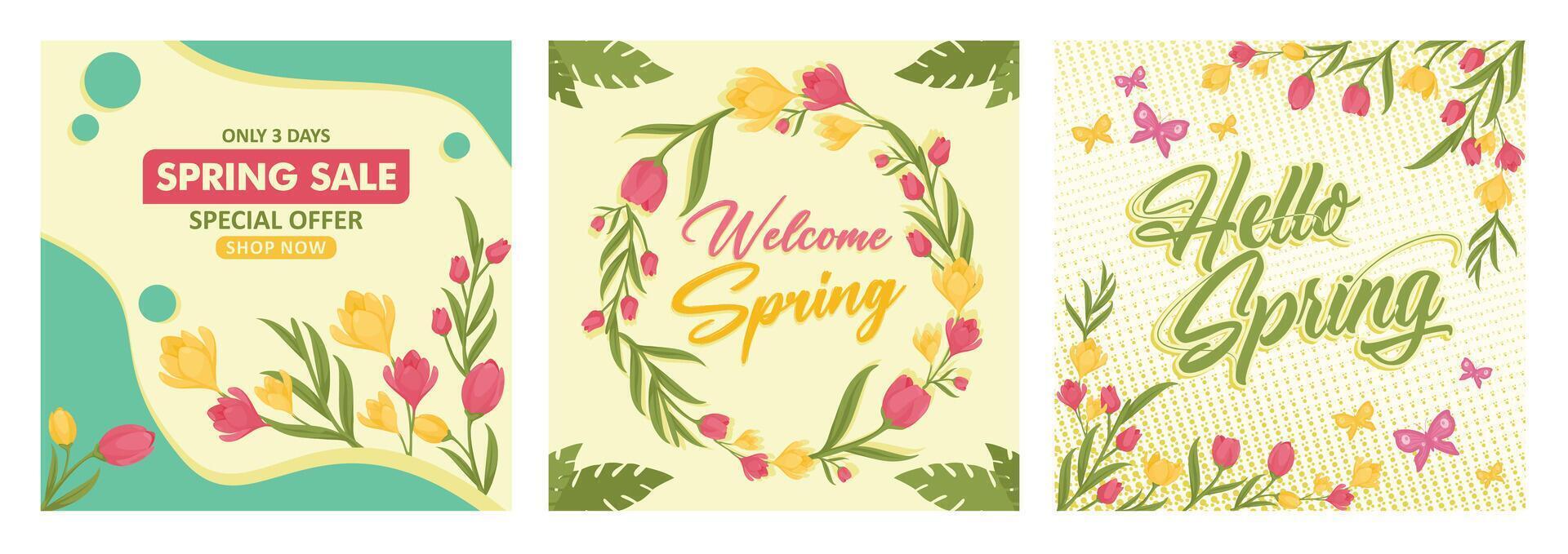 Colorful Spring season promotional and decorative designs with flowers and text. vector