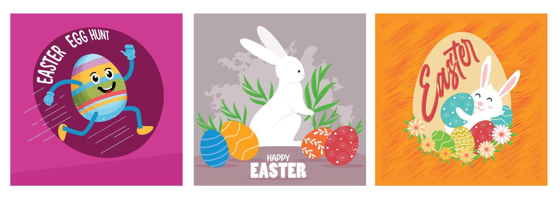 Bright Easter-themed illustrations featuring eggs and bunnies, perfect for spring celebrations. vector