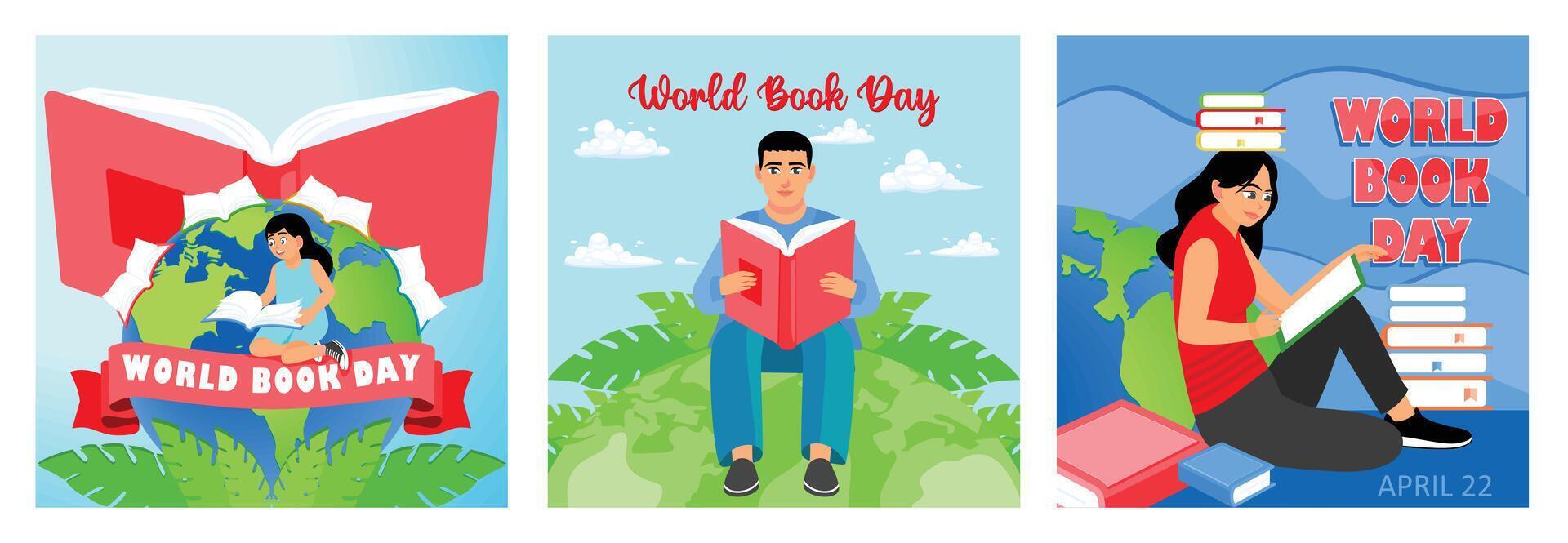 Illustration celebrating World Book Day with readers and colorful designs. vector