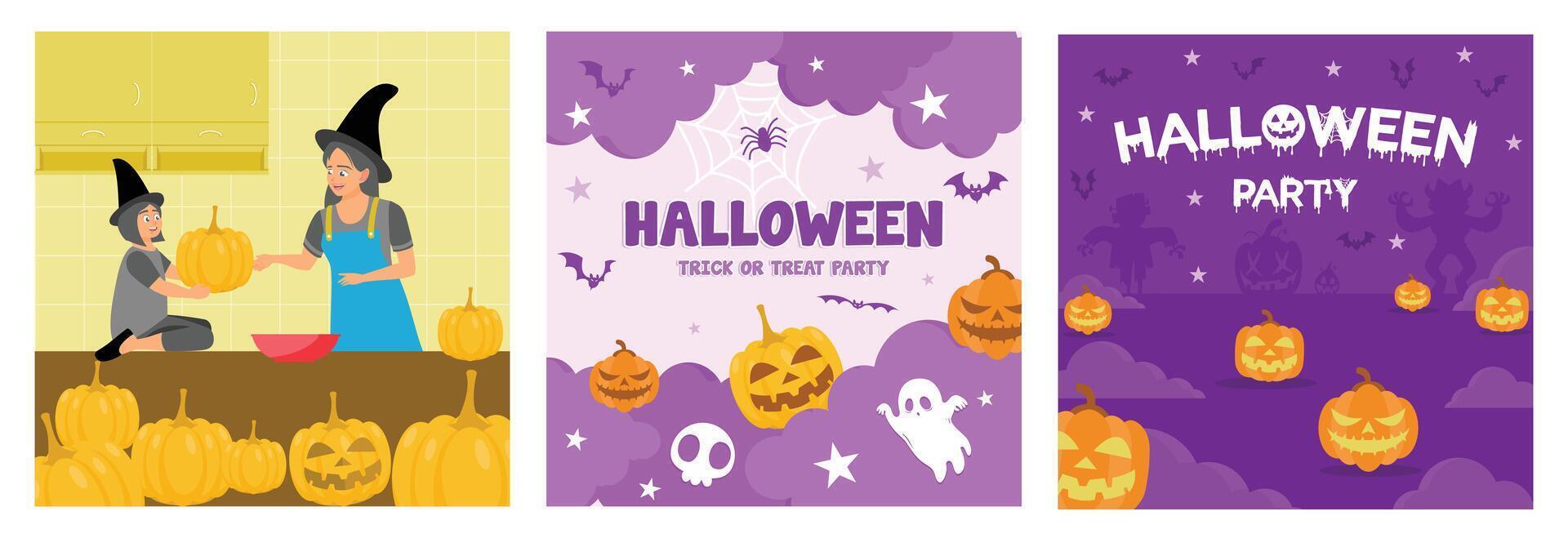 Festive Halloween party banner with spooky pumpkins, spider webs, ghosts and bats. vector