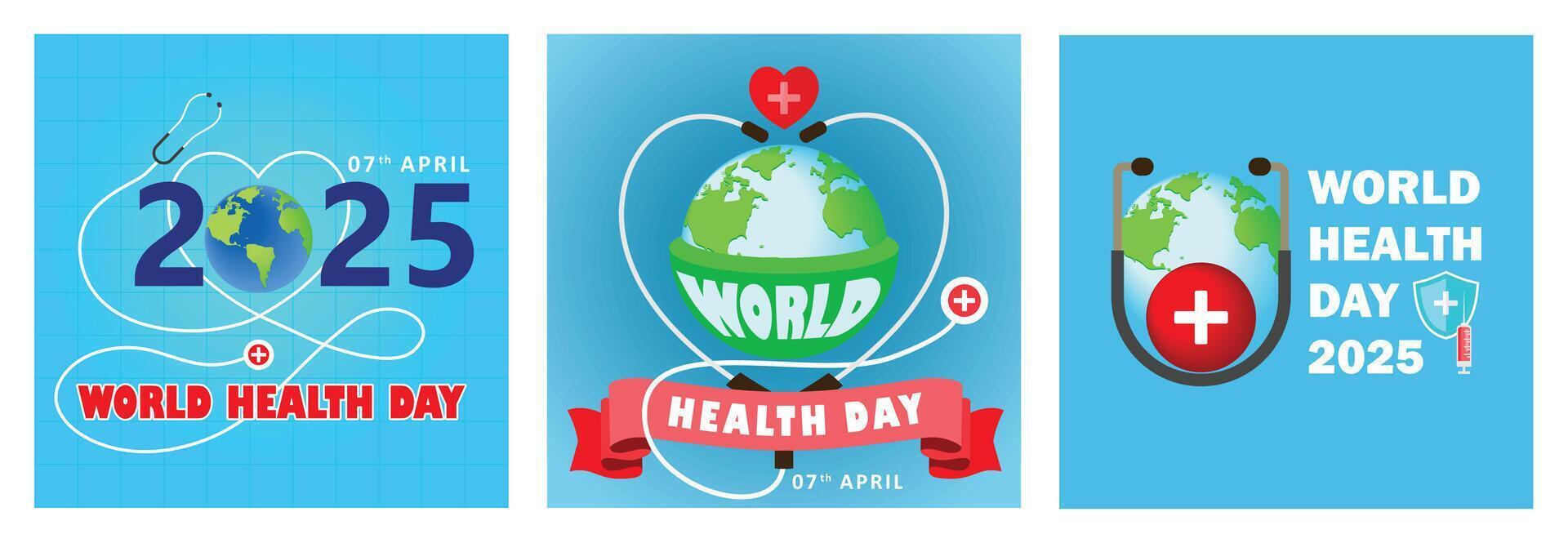 World Health Day 2025 themed illustrations featuring global and medical symbols. vector
