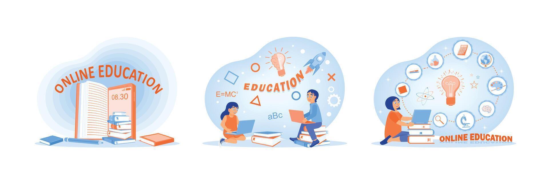 Online education concept with students and digital learning elements illustrated. vector