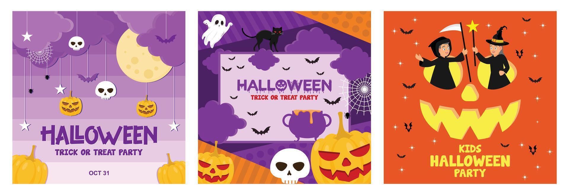 Halloween party with witch's cauldron, pumpkin, skull, bat and black cat elements. vector
