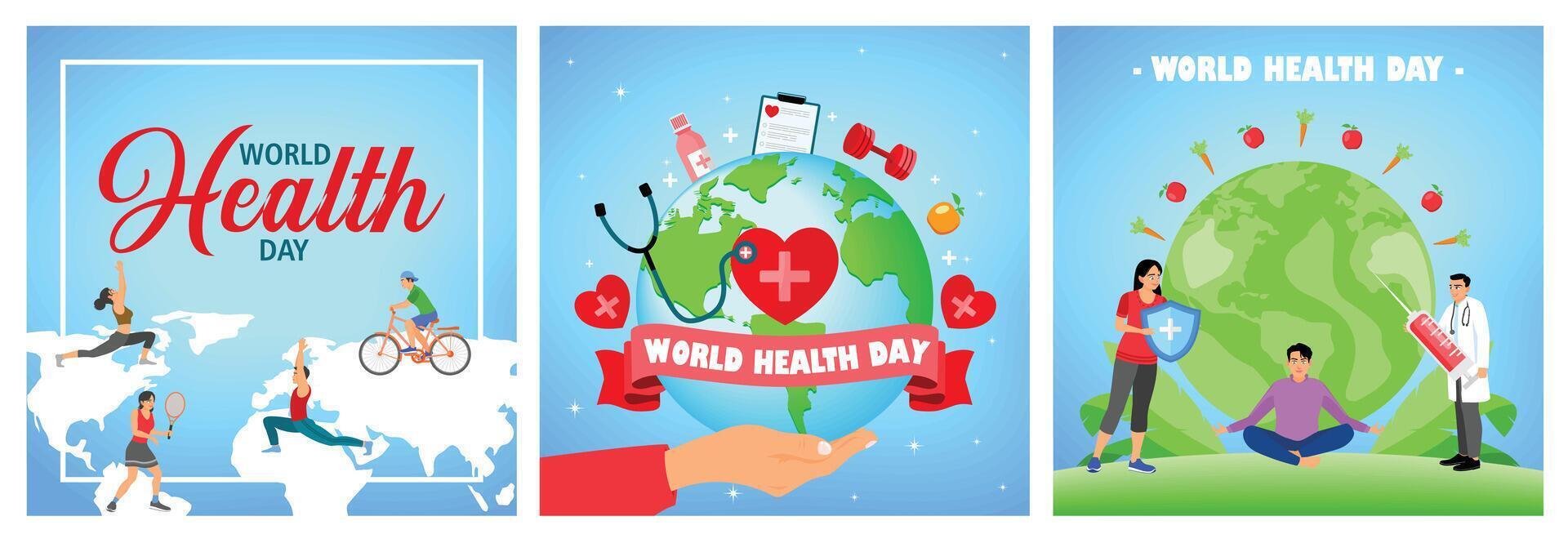 World Health Day celebration illustrations promoting fitness and well-being. vector