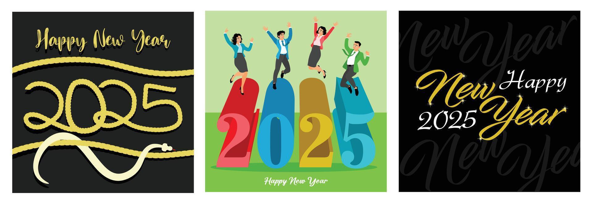 Celebratory New Year 2025 graphics featuring greetings and festive illustrations. vector