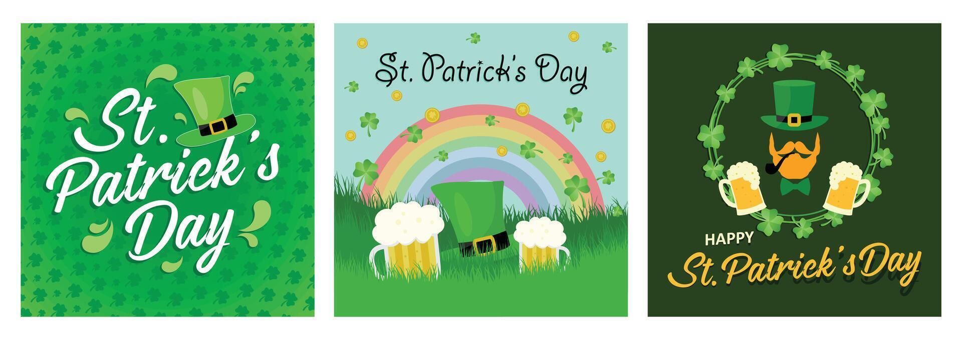 Festive St. Patrick's Day illustrations with shamrocks, leprechaun hat, and beer. vector