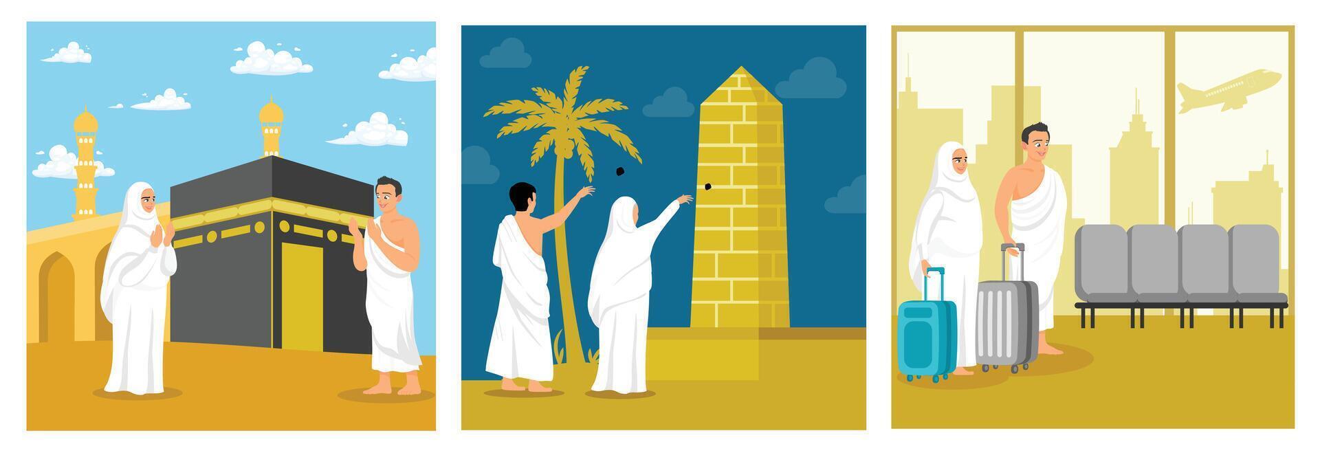 Illustration depicting key pilgrimage scenes including departure and ritual activities. vector