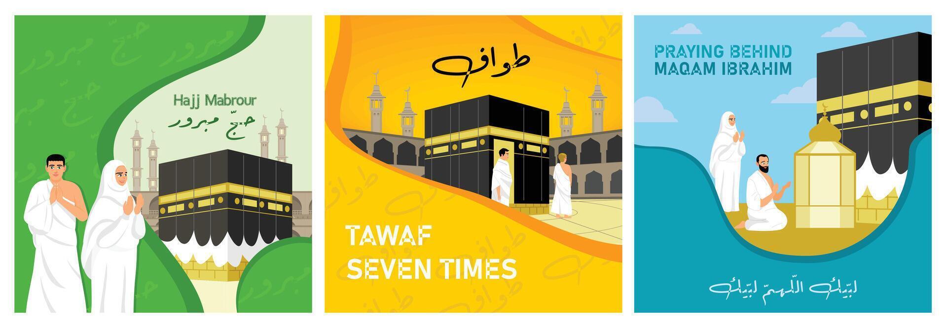 Depictions of Hajj rituals including tawaf and prayer at Maqam Ibrahim. vector