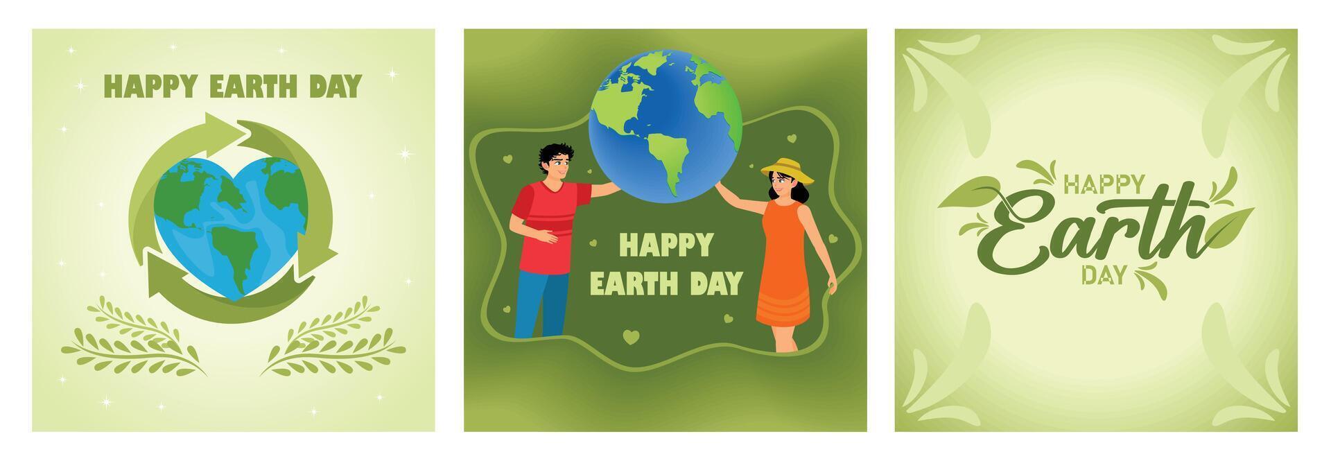 Happy Earth Day illustrations with planet and green-themed design elements. vector